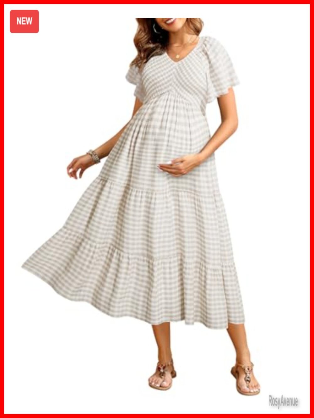 Maternity Summer Dress Smocked V-Neck Flutter Sleeve A-Line Baby Shower